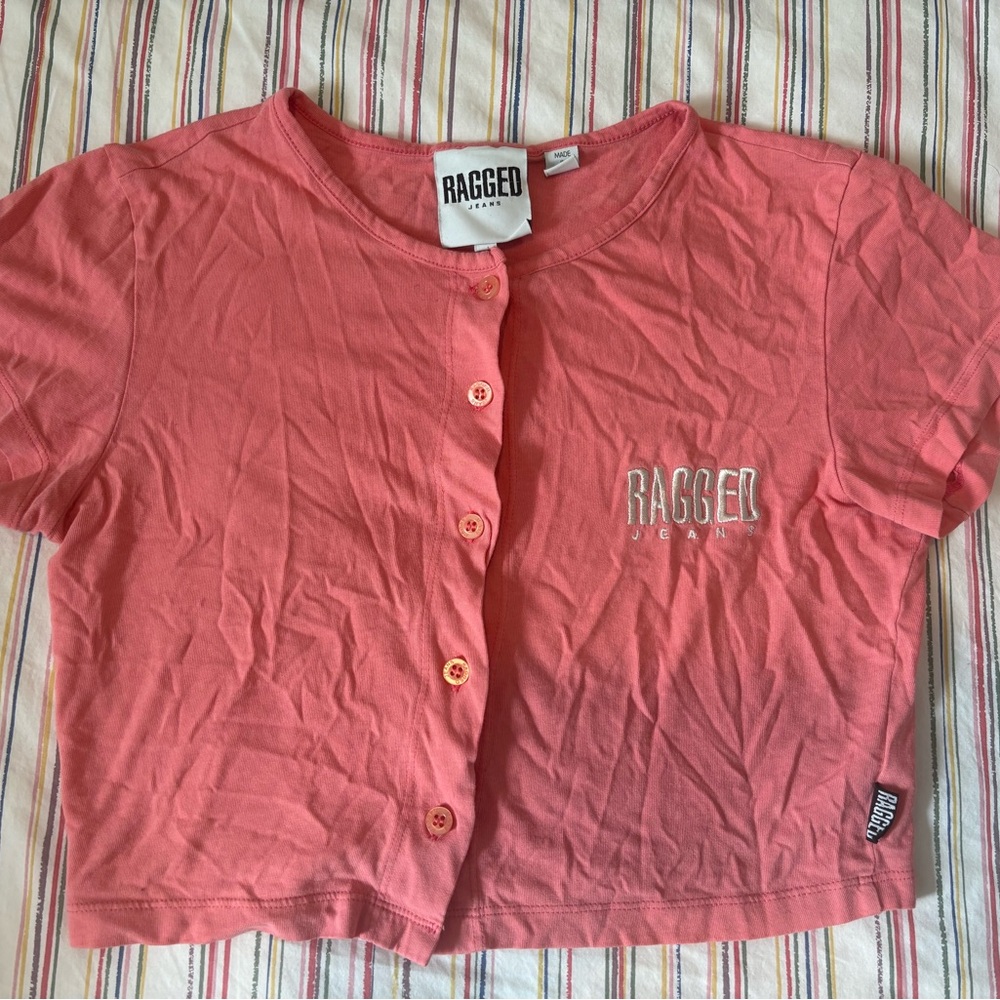 Pink Ragged Jeans Button-Up Crop Top